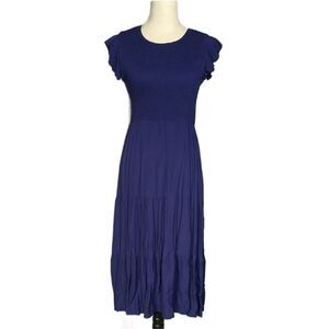 Fashion Elegant Navy Blue Midi Dress w/Smocked Top & Flutter Sleeves (Size: Med)